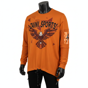 Camiseta deportiva de manga larga para hombre, 220 GSM, algodón y poliéster, color naranja quemado, paneles acanalados, estampado en serigrafía, logotipo personalizado. - Product Image 1