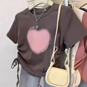 เสื้อยืดแขนสั้นทรงเข้ารูปคุณภาพสูง ดีไซน์เชือกรูด พิมพ์ลาย คอกลม สไตล์ลำลองสำหรับผู้หญิง เสื้อยืดพิมพ์ลาย ขายส่ง - Product Image 2