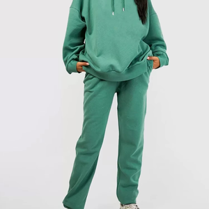 Conjunto Deportivo Verde para Mujer con Capucha, Manga Larga, Diseño Sólido, Sudadera Holgada Informal y Pantalones con Bolsillos Laterales - Product Image 4