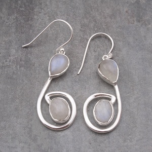 Natural <b>Rainbow</b> Moonstone Rhodium Plated 925 Sterling Silver Dangle <b>Drop</b> Earrings Handmade Gemstone Engagement Jewelry for Women - Product Image 3