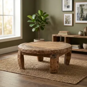 Vintage Rustic Wooden Round Low Height Coffee <b>Table</b> Handcrafted Farmhouse Furniture Living Room Bedroom Dining Home Furniture - Product Image 3