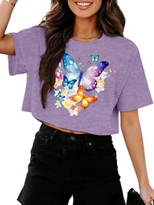 Women Fashion Crop <b>Top</b> Crew Neck Graphic Tee Short Sleeve Shirt Wholesale Supplier - Product Image 1