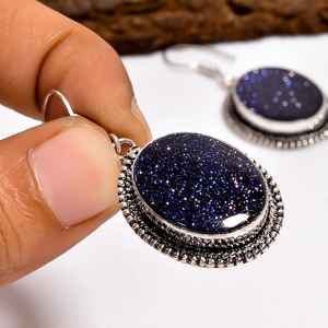 Boucles d'oreilles pendantes ovales en pierre d'or bleue, faites à la main en argent sterling, bijoux bohèmes en pierres précieuses, cadeau pour femme - Product Image 6