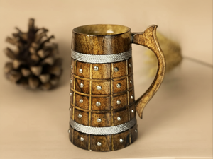 Chope à bière rustique en bois faite à la main, style Viking, moderne, FAIZA CRAFT, certifiée CE, compatible micro-ondes, avec poignée - Product Image 6