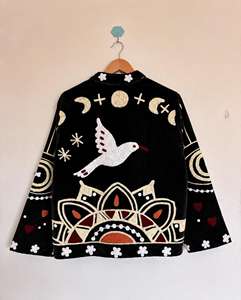 Robe courte bohème en velours brodée à la main, style Suzani, avec broderie d'oiseaux, taille naturelle, tendance, décontractée - Product Image 1