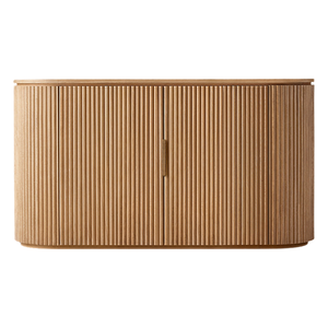 Aparador Moderno Estilo Japandi, Madera de Teca Sólida con Acabado Natural, Puertas Verticales Acanaladas, Borde Curvo, Mueble Buffet para Interiores de Lujo - Product Image 1