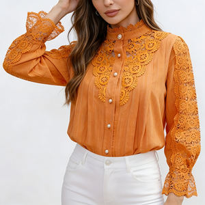 Oferta especial en Temu |   Blusa de encaje naranja a la moda para mujer, cuello alto, corte holgado, manga larga, estilo túnica con botones - Product Image 4