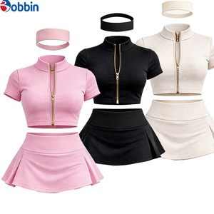 Top Trending Hot Selling Summer <b>Clothes</b> Women Custom Streetwear 3Pcs Short Skirt <b>Gold</b> Zipper Short Sleeve Jacket and Shorts Set - Product Image 2
