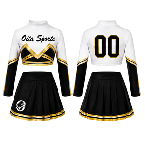 Ensemble uniforme de cheerleading noir et or sublimé à manches longues avec jupe plissée, tenue de sport athlétique pour l'entraînement et la performance, personnalisable - Product Image 1