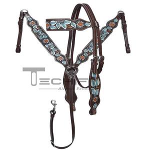 Conjunto de cabezada y pechera de cuero para caballo, estilo inglés, personalizado, con diseño floral pintado a mano, riendas a juego, cómodo y duradero. - Product Image 1