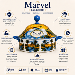 <b>Marvel</b> Handicrafts Landscape <b>Printed</b> Enamel Casserole with Lid Blue Handles Premium Serving Pot Decorative Kitchen Dining Table - Product Image 5