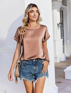 Blusa de Satén para Mujer, Estilo Casual de Negocios, Manga Corta, Cuello Redondo, Camiseta de Seda, Ropa de Verano - Product Image 2