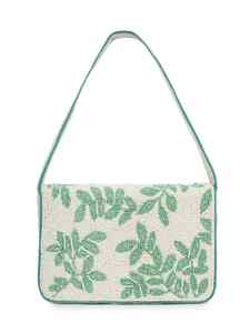Beaded Women's <b>Shoulder</b> Bag Embroidered Leaf Pattern Bohemian Style Summer Handbag Single <b>Strap</b> White with Green Trim - Product Image 1