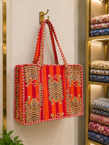 Indian Handmade Cotton Fabric Animal Print <b>Canvas</b> <b>Tote</b> Bag Bohemian Fashion Zipper Closure Lightweight Inner Pockets Red Striped - Product Image 3