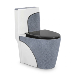 Inodoro de Diseño de Una Pieza, Alargado, con Acabado Gris Moteado y Asiento Negro, Montaje en el Suelo, Descarga Sifónica - Product Image 1
