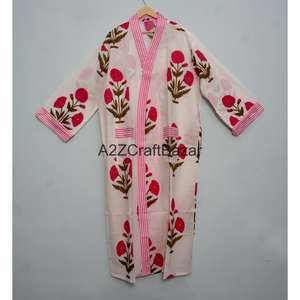 ชุดกิโมโนผ้าฝ้ายแท้ 100% สำหรับผู้หญิง ลายพิมพ์บล็อก ชุดนอนสบายๆ ชุดเพื่อนเจ้าสาว ชุดคลุมอาบน้ำ ชุดชายหาดทำมือ - Product Image 1