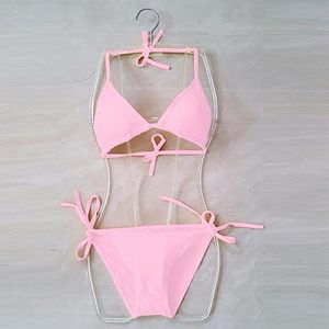 Custom Women's Hot Pink <b>Bikini</b> Set Solid Color Halter Neck Tie Side Bottom Swimwear Stretch Knitted Two Piece Beachwear - Product Image 5