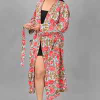 Robe de chambre élégante en coton tissé pour l'automne/hiver et le printemps, imprimée à la main avec motifs floraux, idéale pour la plage ou comme tenue de nuit estivale, douce et confortable.