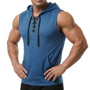 Débardeur de sport pour homme avec logo personnalisé, coupe musclée, à lacets sur le devant, poche kangourou, vêtement de haute qualité - Product Image 4