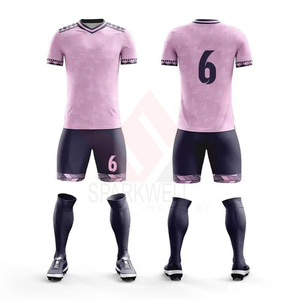 Ensemble d'uniformes de football personnalisés, maillot rose uni, short blanc, impression par transfert thermique, respirant, taille plus, séchage rapide à l'avant, unisexe - Product Image 4