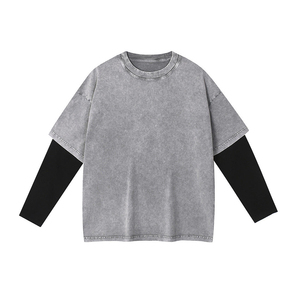Professional High Quality Acid Wash Grey <b>Black</b> Layered Oversized Crewneck <b>Long</b> Sleeve Cotton Wear Men Double Layer <b>T</b>-<b>Shirt</b> - Product Image 6
