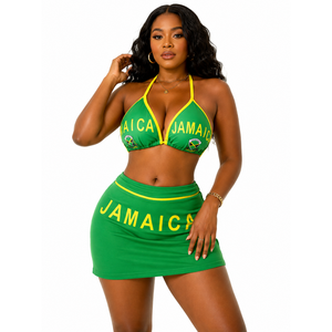 Womens Jamaica Swimwear Set Green Bikini Skirt Jamaican Flag Halter <b>Top</b> Mini Skirt Two Piece Beachwear Wholesale - Product Image 1