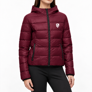 Chaqueta acolchada con capucha color borgoña para mujer, con cierre, ligera, para invierno, elegante y cálida. - Product Image 4