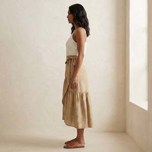 Falda Midi Cruzada de Algodón y Lino Beige para Mujer con Volantes, Tejido Ligero, Estilo Moderno, Ajuste Cómodo para Uso Diario - Product Image 2
