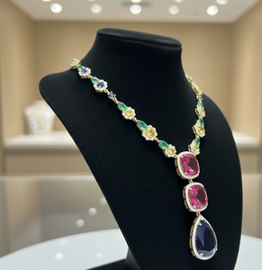 Collier élégant pour femme en argent sterling 925 plaqué or 18 carats avec pierre rose et zircon cubique, coupe poire bleue hydro - Product Image 3