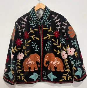 Handcrafted Indian Ethnic Black Velvet <b>Jacket</b> Women <b>Men</b> Unisex Rajasthani Embroidered Floral Elephant Motif Threadwork Coat - Product Image 1