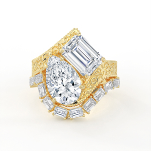 แหวนแต่งงานทองคำขาว 14K 18K ประดับเพชรแล็บโกรว์ทรงหยดน้ำและทรงมรกต ดีไซน์วินเทจลายดอกไม้สลักลายโค้ง - Product Image 1