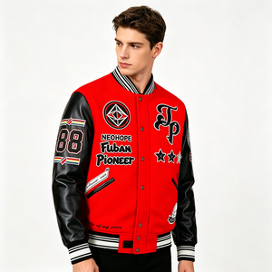 Veste universitaire rouge pour homme, manches en cuir PU, patch brodé, style streetwear, col rabattu, longueur normale - Product Image 3