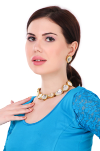 Trendy Women's Brass Gold Plated Imitation <b>Pearl</b> Zircon Bridal Necklace <b>Set</b> Matching Earrings Engagement Wedding Anniversary - Product Image 3
