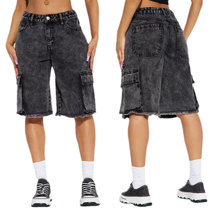 <b>Women</b> Acid-Wash <b>Cargo</b> Denim Shorts High Waist Crystal Distressed Knee-Length Frayed Hem Multi-Pocket Streetwear Summer - Product Image 1