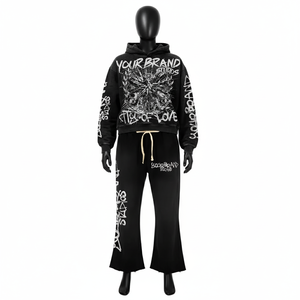 Ensemble de luxe sweat à capuche court et pantalon de survêtement évasé en coton épais délavé à l'acide, ourlet brut, imprimé graphique premium, collection streetwear - Product Image 2