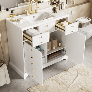 Mobile Bagno da 36 Pollici con Lavabo in Ceramica, Struttura in Legno Massello, Armadietto Contenitore a 2 Cassetti, Set Mobiletto da Bagno Autoportante - Product Image 3