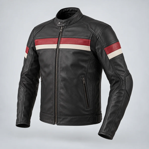 Chaqueta de Motociclista de Cuero Genuino Negro para Hombre, con Bloques de Color, Cuello Alto y Cremallera - Product Image 4