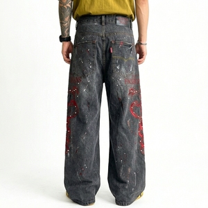 Jean ample pour homme style américain, orné de cristaux, imprimé tie-dye, coupe droite large, streetwear - Product Image 4