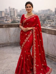 Indian Ethnic Beautiful and Elegant <b>Saree</b> with Embroidery Work for Partywear and Wedding Occasion for Women Fancy Trendy Outfit - Product Image 1