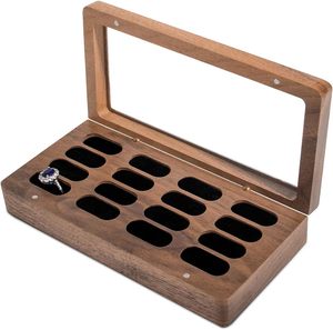 Luxury Solid Walnut Wood Ring Box with Glass Window - Ring <b>case</b> Jewelry Tray Jewelry Organizer for Rings, Studs & <b>Earrings</b> - Product Image 5