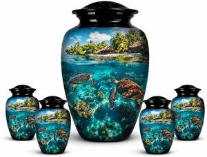 Urne funéraire en forme de tortue de mer noire pour cendres humaines, design corail océanique coloré, grande urne en aluminium de 200 cm³ avec sac gratuit - Product Image 2