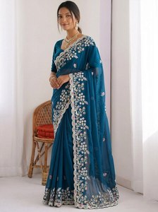 Sari de Diseñador con Bordado Floral Premium para Mujer, Sari de Lujo para Fiestas y Bodas con Blusa en Contraste, Venta al Por Mayor - Product Image 2