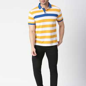 Polo en tricot rayé pour homme, manches courtes, décontracté, bleu, jaune, blanc, coupe classique - Product Image 3