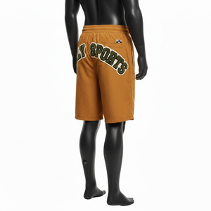 Shorts de Mujer en Nylon y Spandex Suave de 220 GSM, Color Camel Marrón, con Panel de Parche y Logotipo Personalizado por Transferencia Térmica - Product Image 5