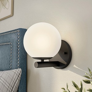 Minimalist Round <b>Wall</b> <b>Sconce</b> With Black Metal Base And White Globe Shade - Product Image 3
