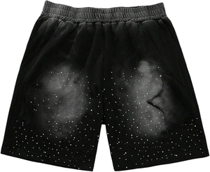 Shorts décontractés amples pour hommes, noirs, personnalisés, avec strass sur le devant, effet délavé, broderie graphique étoile, style streetwear, en maille, séchage rapide - Product Image 1