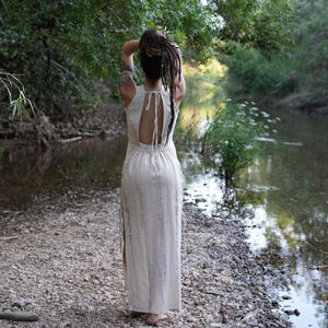 Vestido Maxi de Algodón con Aberturas Laterales y Espalda Descubierta, Vestido Cómodo y Fluido para Mujer, Vestido Maxi de Fantasía - Product Image 1