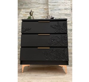 Luxury Handcrafted Solid Wood 3 Drawer Dresser Ornate Floral Branch Relief Carving Matte Black Finish - Product Image 1