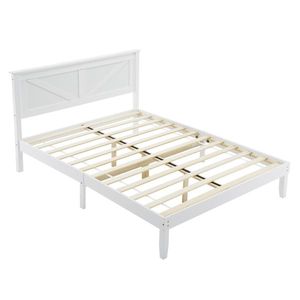 White Full-Size Solid Wood <b>Platform</b> <b>Bed</b> <b>Frame</b> with Headboard - Product Image 1