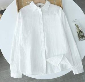 Blusa Casual de Manga Larga para Mujer, de Poliéster/Algodón, Transpirable, Tejida, Estilo Veraniego, Simple, Vintage, Lisa, con Botones al Frente - Product Image 3